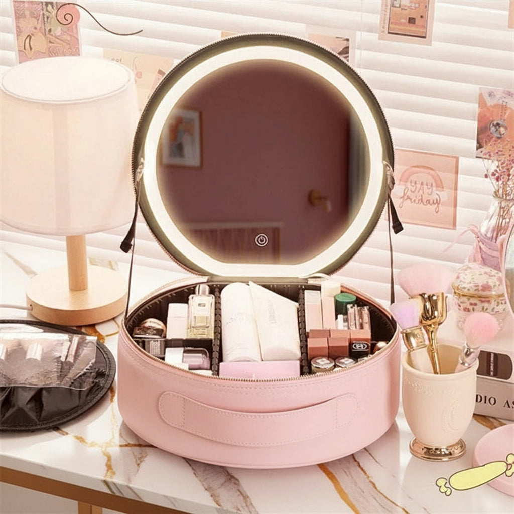 Smart LED Makeup Bag – Round Mirror Travel Case