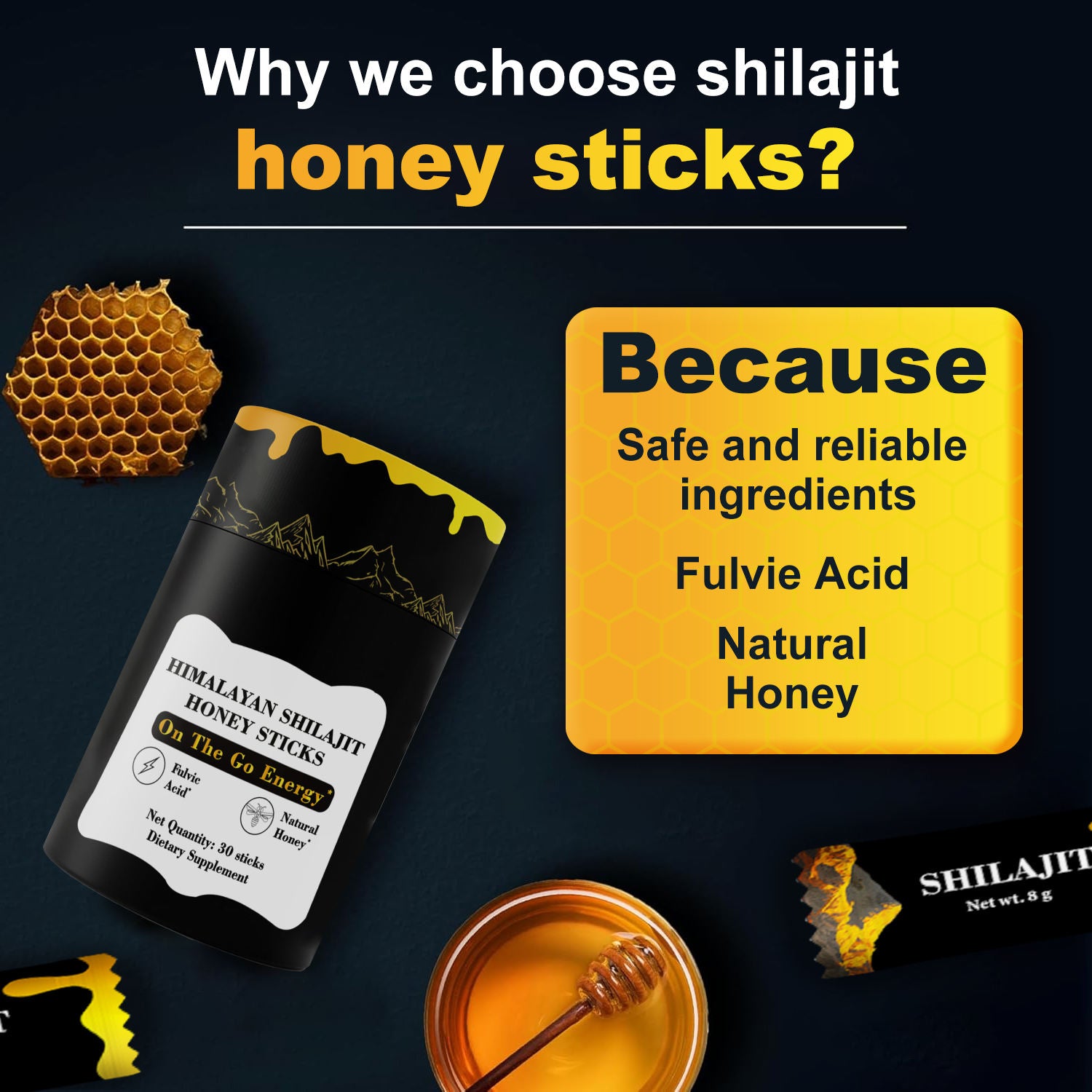 Himalayan Shilajit Honey Sticks – Energy Boost Dietary Supplement (30 Sticks)
